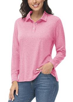 KEFITEVD Poloshirt Damen Langarm Stretch Laufshirt Polo-Kragen Golf Shirt Leicht Atmungsaktiv Yoga Oberteil Frauen Schnelltrocknend Fitnessshirt Meliert Rosa L von KEFITEVD