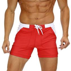 KEFITEVD Schwimmhose Herren Eng Kurz Nylon Boxer-Badehose Männer Strech Badeshorts Schwimmen Surfen Shorts Bademode Mesh-Innenslip Boardshorts Slim Fit Rot 36 von KEFITEVD