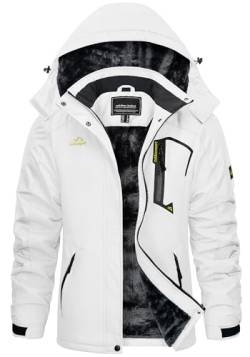 KEFITEVD Skijacke Damen Winddicht Warm Funktionsjacke mit Zip Taschen Fleece Thermojacke Warm Softshelljacke für Snowboarden Weiß L von KEFITEVD