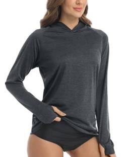 KEFITEVD Sportshirt Damen Langarm Hoodie Sommer Outdoorshirt Daumenloch Langarmshirt Rash Guard Funktionsshirt Sport Lauftop Casual Kapuzenshirt Jogging Oberteil mit Kapuze Schwarz Meliert L von KEFITEVD