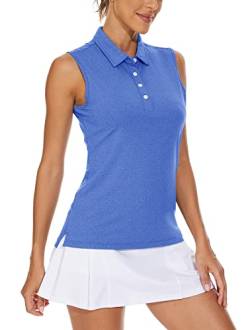 KEFITEVD Tennis Poloshirt Damen Funktions Shirt Golfbekleidung Polo Ärmellos mit Knopfleiste Tank Top Frauen Sommer Oberteil Meliert Hellblau 2XL von KEFITEVD