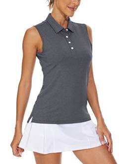 KEFITEVD Tennis Shirt Damen Ärmellos mit Polokragen Sommershirt Polyester Leicht Freizeitshirt Atmugnsaktiv Funktionsshirt Golf Fitness Meliert Dunkelgrau M von KEFITEVD