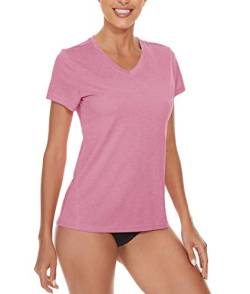 KEFITEVD V-Neck Fitness T-Shirt Damen Kurzarm Sport Top Leicht Atmungsaktiv Funktionsshirt Lässig Sportshirt Meliert Rosa 2XL von KEFITEVD