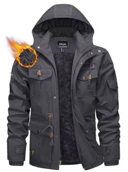 KEFITEVD Winter Jacken für Männer Gefüttert Warm Winter Freizeitjacke Jagd Angeln Winddicht Kapuzenjacke Männer Fleecejacke Dunkelgrau XL von KEFITEVD