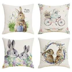 KEIZHUONIQIU 4er Set Dekorative Kissenbezüge 45x45cm Ostern Muster Vintage Leinen Kissenhüllen Osterhase Kissen Ostereier Dekorativ Kissenbezug für Couch Sofa Büro Zierkissenbezug, Einheitsgröße von KEIZHUONIQIU