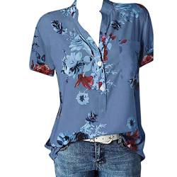 KEIZHUONIQIU Damen Bluse Elegant Große Größen Blumendruck Kurzarm Oberteil V-Ausschnitt Tunika mit Knöpfen Casual Lose Sommer Shirt Blumenhemd Kurzarmhemd Drucken Longbluse Blusenshirt von KEIZHUONIQIU