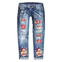 KEIZHUONIQIU Damen Jeans Jeanshose Weihnachten Hose Straightleg Regular Fit Christmas Xmas Vintage Jeanshosen Damenjeans bis große Größen von KEIZHUONIQIU