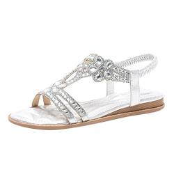 KEIZHUONIQIU Flache Sandalen Damen Große Größen Strass Bohemia T-Riemen Frauen Sandalen Elegant Weichen Sohlen Sommerschuhe Gummiband Slingback Sandalen Elegante schöne Sandalen Mädchen Strandschuhe von KEIZHUONIQIU