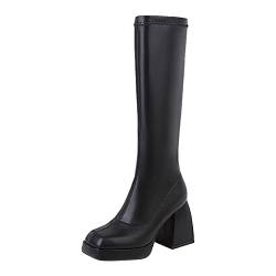 KEIZHUONIQIU Overknees Stiefel Damen Sexy Latex Damen-Herbst- und Wintermode, hübsche Retro-Stickerei, Stickgarn, dicke Ferse, spitze Zehe, bequem, nicht schleifende Füße in den Stiefeln von KEIZHUONIQIU