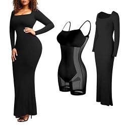 KEIZHUONIQIU Shaper Dress Bodycon Maxi/Mini Built in Shapewear Bra Dress 8 in 1 Damen Sexy Strandkleid Enges Lang Abendkleid Cocktailkleid,Kaffee-XL von KEIZHUONIQIU