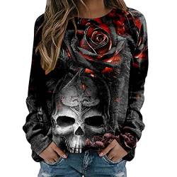 KEIZHUONIQIU Sweatshirts Damen Halloween Totenkopf Drucken Pullover Oberteile Kürbis Kaffee Sweater Langärm Ohne Kapuze Oberteil Yoga Relaxed Fit Bluse Tops von KEIZHUONIQIU