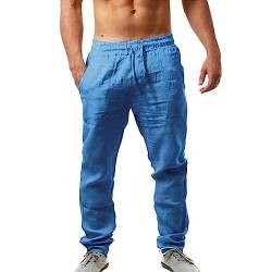 Leinenhose Herren Lang Sommer Leicht Sommerhose Loose Fit Freizeithose Atmungsaktiv Bequem Baumwollehosen Casual Strandhosen Freizeithose Männer Leinen Hosen mit Tasche von KEIZHUONIQIU