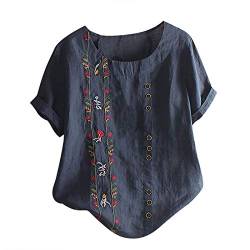 Sommer Oberteile Damen Locker Baumwolle Kurzarm Top Shirt Retro Blumendruck Bluse Elegant Casual Tops Tshirt Rundhalsausschnitt Loose Große Größen Tunika Blusentop Kurzarmshirt Bequem Blusen von KEIZHUONIQIU