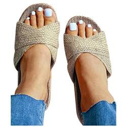 Sommer Schlappen Damen Weiche Strohpantoffeln Stickerei Zimtlatschen Bequeme Sandalen Strohschuhe Badelatschen Badeschlappen Elegant Boho Flip Flops von KEIZHUONIQIU