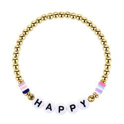 KELITCH Bunte Elastische Armbänder Gold Metall Perlen Armbänder Gemischte Alphabet Perlen Charm Armbänder (Happy 5D) von KELITCH