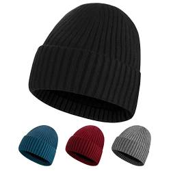 KELOYI Mütze Herren Winter Schwarz Wintermütze Damen Warme Beanie Männer Strickmütze One Size Herrenmütze Frauen Mützen Schwarze Jersey Strick Laufmützen Strickmützen Dünn von KELOYI