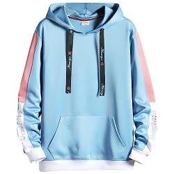 KENAIJING Herren Hoodie, Herren Sweatshirt Japanischer Harajuku Kapuzenpullover Farbblock Hoody(Blau, XL) von KENAIJING