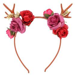 Blumen Stirnband, Modisches Blumen Rentier Geweih Stirnband Blumengirlande Krone für Party, Cosplay, Hochzeit, Weihnachten (Rot) von KENANLAN