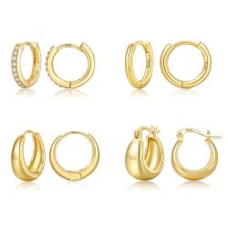 4 Paar Ohrringe Gold Set,14k Echt Vergoldete Creolen Gold für Damen Mädchen Hypoallergen Knorpel Ohrringe Gold Creolen Klein mit AAA+ Zirkonia für Mehrere Ohrlöcher von KENIY