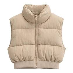 KEOMUD Damen Winter Crop Vest Leichte Ärmellose Warme Oberbekleidung Puffer Weste Gepolsterte Weste, 02 Khaki, Small von KEOMUD