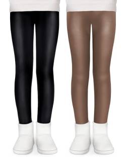 KEREDA Mädchen Leggings Thermo Gefüttert Thermoleggings Winter Warme Kunstleder 2er-Pack,Schwarz/Braun,134-140 von KEREDA