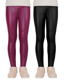 KEREDA Mädchen Leggings Thermo Gefüttert Thermoleggings Winter Warme Kunstleder 2er-Pack,Schwarz/Weinrot,116-122 von KEREDA