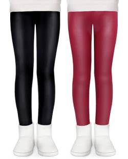 KEREDA Mädchen Leggings Thermo Gefüttert Thermoleggings Winter Warme Kunstleder 2er-Pack,Schwarz/Weinrot,146-152 von KEREDA