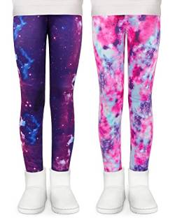 KEREDA Mädchen Leggings Thermo Gefüttert Winter Warme 2er-Pack,Lila Galaxis/Rosa Galaxis,140-146 von KEREDA