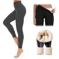 KEVGNRO Winter-Leggings aus Lammfell, mit Fell gefütterte Leggings, Fleece-Leggings in Übergröße für Damen, Leggings mit hoher Taille und Bauchkontrolle (Dunkelgrau,L) von KEVGNRO