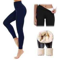 KEVGNRO Winter-Leggings aus Lammfell, mit Fell gefütterte Leggings, Fleece-Leggings in Übergröße für Damen, Leggings mit hoher Taille und Bauchkontrolle (Navy blau,2XL) von KEVGNRO