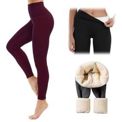 KEVGNRO Winter-Leggings aus Lammfell, mit Fell gefütterte Leggings, Fleece-Leggings in Übergröße für Damen, Leggings mit hoher Taille und Bauchkontrolle (Rotwein,2XL) von KEVGNRO