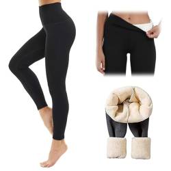 KEVGNRO Winter-Leggings aus Lammfell, mit Fell gefütterte Leggings, Fleece-Leggings in Übergröße für Damen, Leggings mit hoher Taille und Bauchkontrolle (Schwarz,M) von KEVGNRO