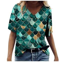 KEXIMIXUE Sommer Oberteile für Frauen Lose 3D Fischschuppen Muster Drucken T-Shirt Tops V-Ausschnitt Kurzarm Übergröße T-Shirt Grün M von KEXIMIXUE