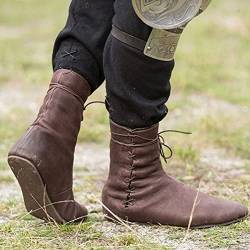 Cosplay Knöchelstiefel, Wikinger Retro Leder Ritter Kurze Stiefel, Karneval, Halloween Klassische Flache Boden Stiefel Schuhe Für Männer Frauen,Braun,42 von KGBEE