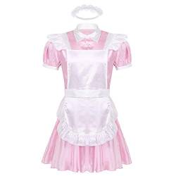 KHDFYER Crossdresser Dessous Männer Erwachsene Sissy Maid Kleid Cosplay Kostüm Turn-Down Kragen Puffärmel Button Down Kleid Mit Schürze Stirnband Sexy Clubwear-Rosa_XXL von KHDFYER