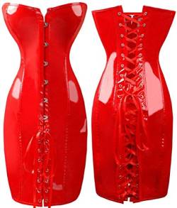 Schlafanzug Damen Sexy Gothic Sexy Shiny Long Leder Wetlook Off Shoulder Bodycon Kleid PVC Latex Korsett Kleid Party Night Club Vestidos-Red_M von KHDFYER