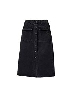 KHIMYUK Hohe Taille Jeansröcke Frauen Midi A Linie Denim Rock Vintage Schwarz Koreanisch Herbst Streetwear, Schwarz , 44 von KHIMYUK