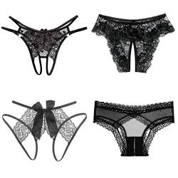 KHUFUZI Damen 4in1 Sexy Höschen Schwarz Kollektion Niedrige Leibhöhe Tanga Dessous Spitze G-String Nachtwäsche Kleidung Kleider Rückenfrei Höschen für Freundin Frau, 4 Stile pro Packung von KHUFUZI