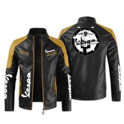 KHUYTRP Herren Lederjacken für Servizio Vespa Print Bikerjacke PU Motorradjacke Casual Outwear Stehkragenjacke Reißverschluss Weiche Mäntel-Yellow+Black1||XL von KHUYTRP