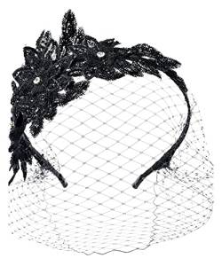 Braut-Spitze-Applikationen, Strass-Perlen, schwarzer Schleier, Braut-Frauen-Haarteil-Stirnband mit Netz-Brautschleier von KHYYHA