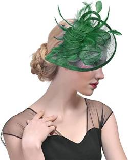 Damen-Fascinator, Feder-Teeparty-Hut, Schleier-Stirnband mit Haarspange, weiße Feder, rote Feder-Stirnbänder (Color : Green, Size : One Size) von KHYYHA