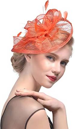Damen-Fascinator, Feder-Teeparty-Hut, Schleier-Stirnband mit Haarspange, weiße Feder, rote Feder-Stirnbänder (Color : Orange, Size : One Size) von KHYYHA