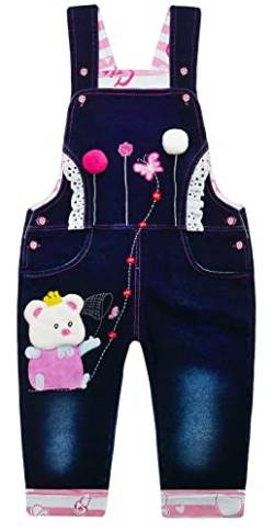 KIDSCOOL SPACE Baby Denim Overall,Kleines Mädchen Niedlicher Cartoon Bär Jean Latzhose,Blau, 12-18 Monate von KIDSCOOL SPACE