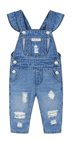 KIDSCOOL SPACE Baby & kleine Mädchen/Jungen Große Latztasche Stone Washed Zerrissene Denim-Latzhose,Blau,12-18 Monate von KIDSCOOL SPACE