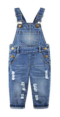 KIDSCOOL SPACE Baby & kleine Mädchen/Jungen Große Latztasche Stone Washed Zerrissene Denim-Latzhose,Blau,4-5 Jahre von KIDSCOOL SPACE