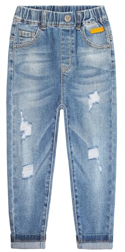 KIDSCOOL SPACE Kids Letters Printed Decor Ripped Fashion Jeans mit elastischer Taille,Blau,9-10 Jahre von KIDSCOOL SPACE