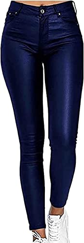 KIDWA Leggings Lederoptik Damen Gefütterte Damenhose Bequeme Kunstlederhose Damen Sporthose (Color : Blau, Size : M) von KIDWA