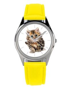 KIESENBERG Armbanduhr Katzen Liebhaber Freunde Geschenk Artikel Idee Fan Damen Herren Unisex Analog Quartz Lederarmband Uhr 36mm Durchmesser B-20011 - B-Gelb von KIESENBERG