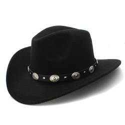 Lässig Cowboyhut aus 100% Wolle für Herren, modischer Filz-Western-Cowboyhut für Damen, Vintage, schwarzes Kind, breite Krempe, Punk-Ledergürtel, Jazz-Kappe von KIFRAL