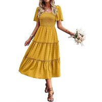 KIKI A-Linien-Kleid Damen Smocked Kurzarm U-Ausschnitt Sommerkleid A-Linie Maxikleid von KIKI